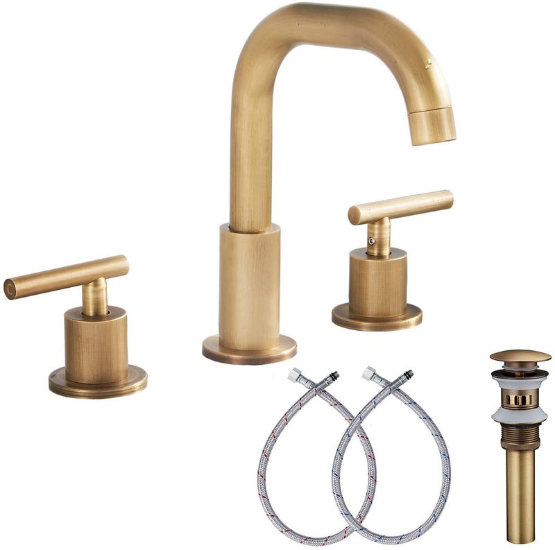 GGStudy 360Â° Swivel Spout 2 Handles 3 Holes 8inch Widespread Bathroom Sink Faucet Antique Brass Matching with Pop Up Drain Bathroom Vanity Faucet - Image 1